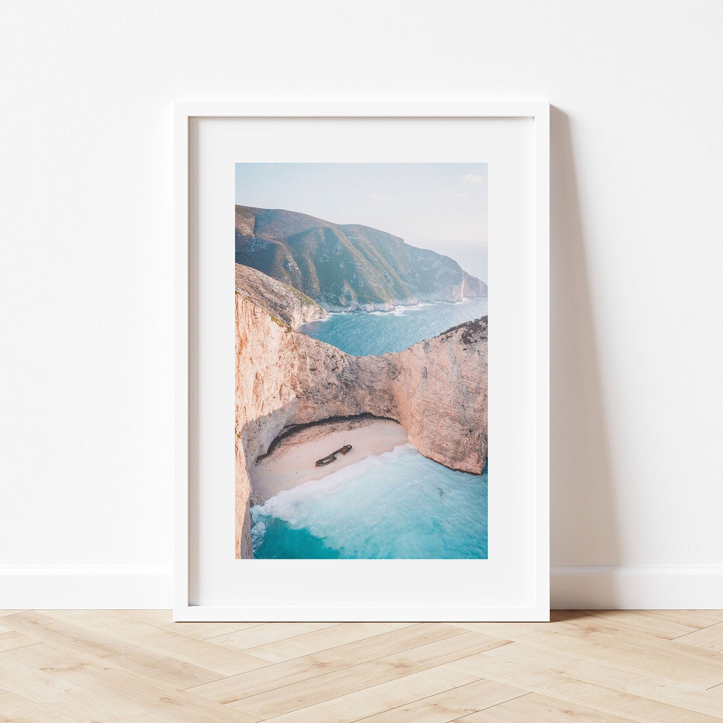 Zakynthos Beach Shipwreck Art Print White Frame