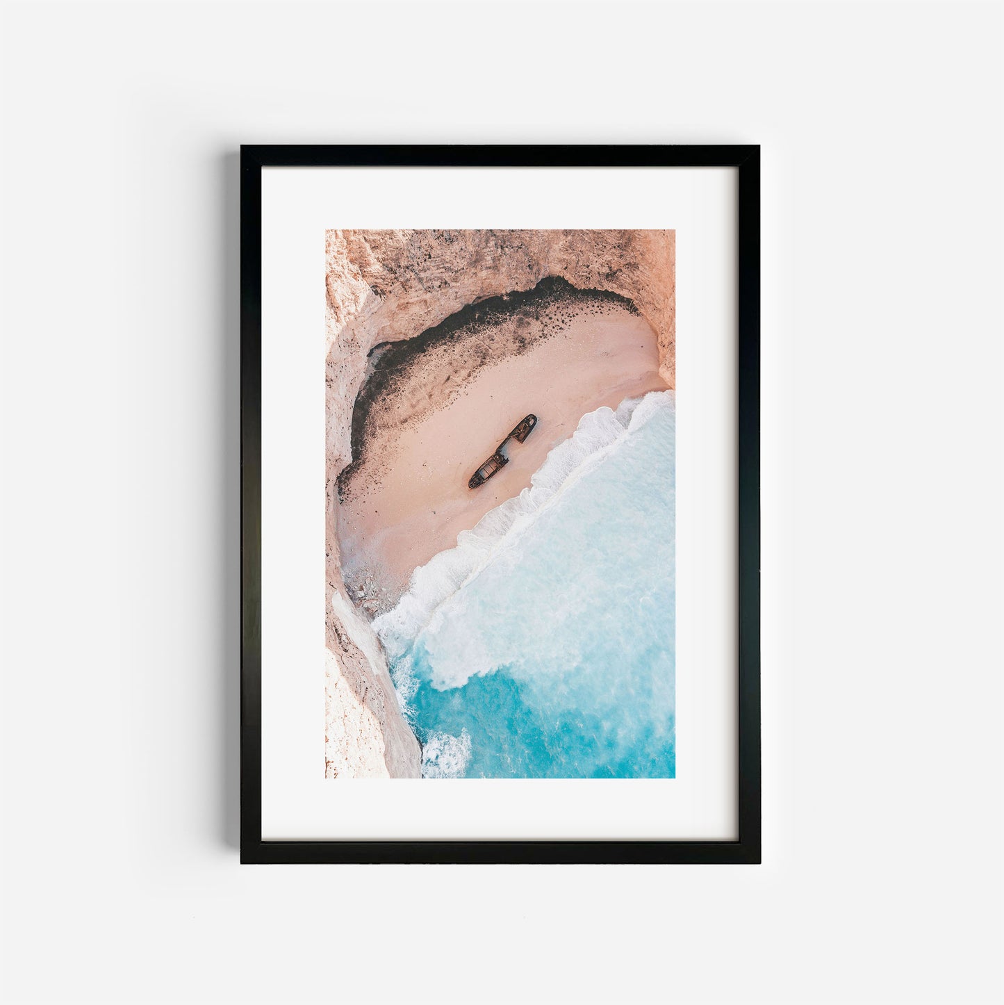 Ionian Coastal Shipwreck Art Print Black Frame Vertical