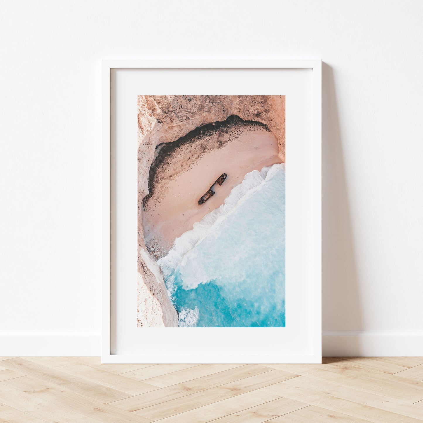 Ionian Coastal Shipwreck Art Print White Frame Vertical
