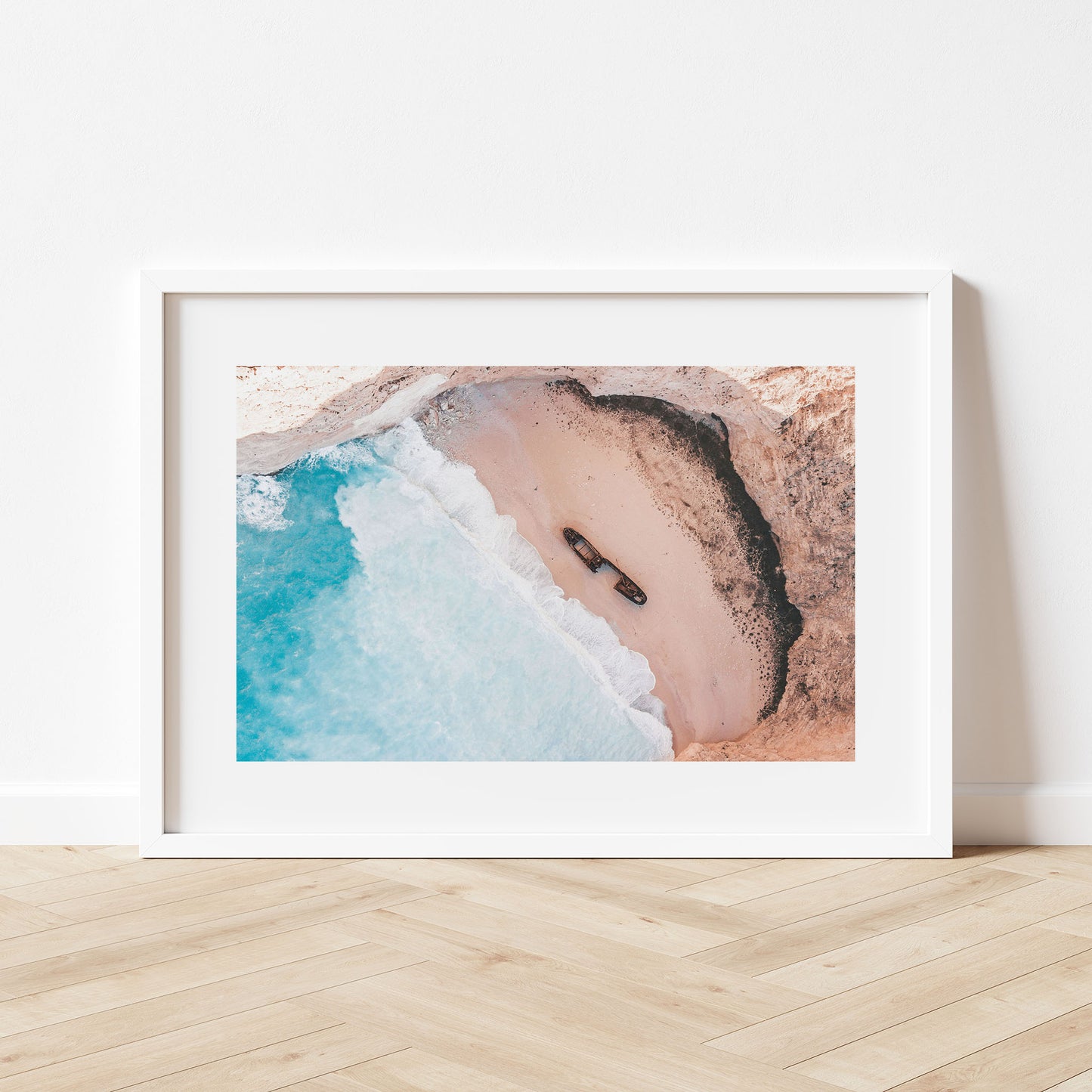Ionian Coastal Shipwreck Art Print White Frame Horizontal