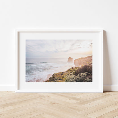 Sunset on the Great Ocean Road Art Print White Frame